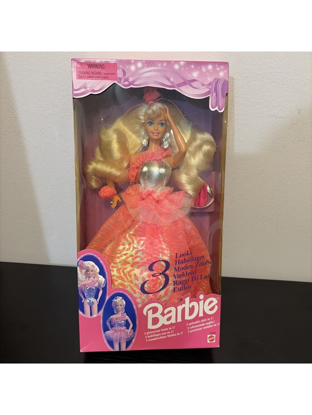 Mattel 3 Looks Barbie Doll Blonde Pink Dress #12339 Vintage 1994 NIB